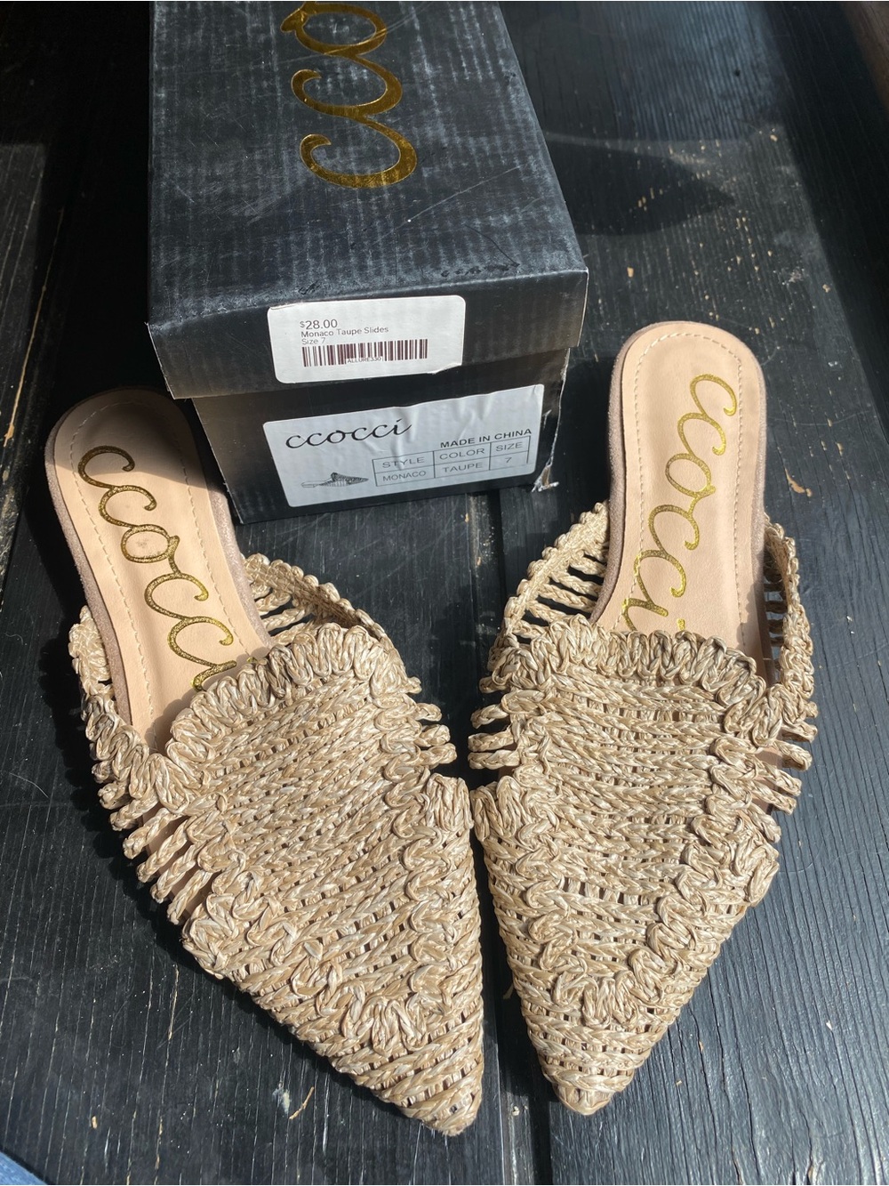 CCOCCI Beige Woven Pointed-Toe Slip-On Mules